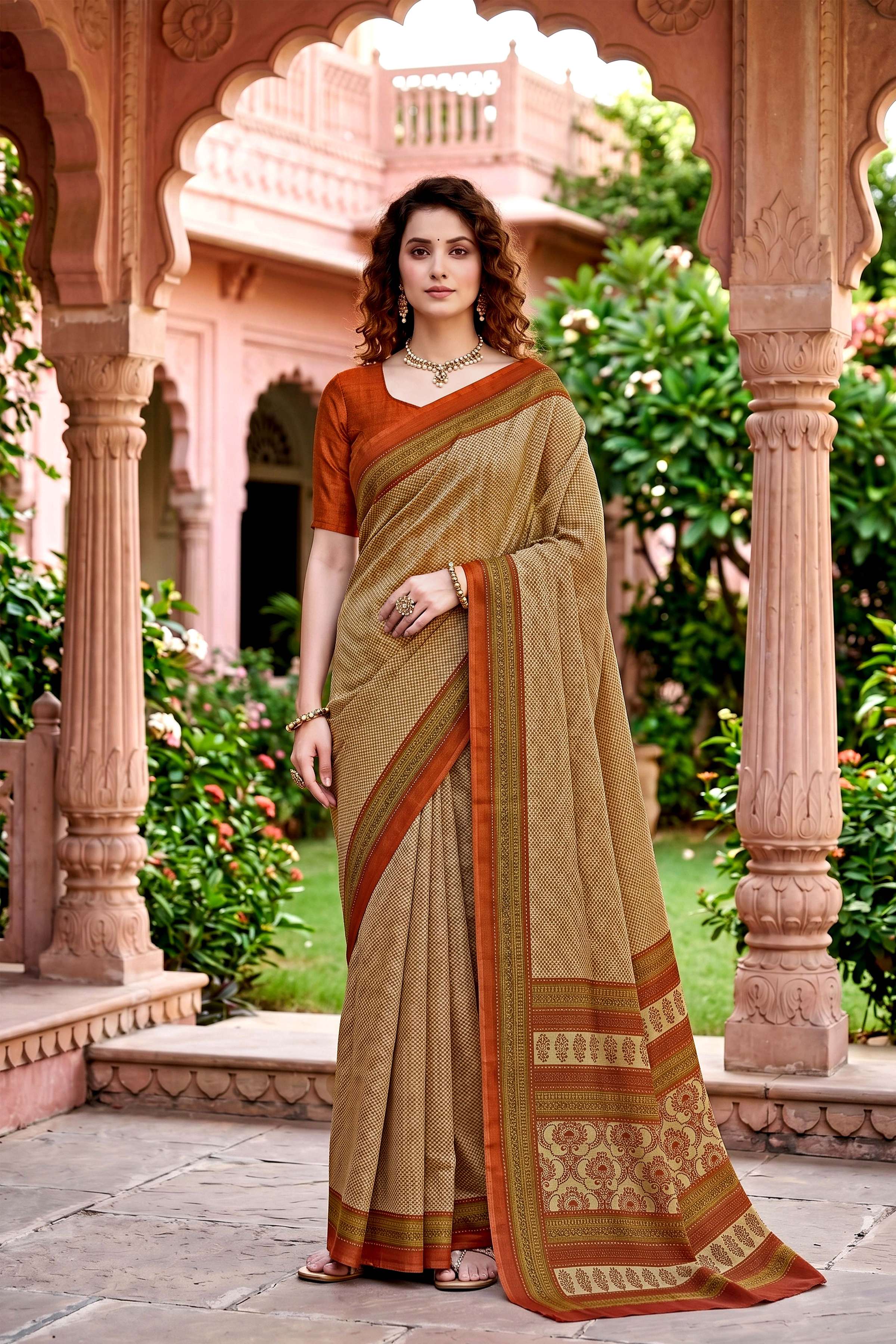 Sangam Prints Beige Cotton Print Woven Work Traditional Saree | Grocsy