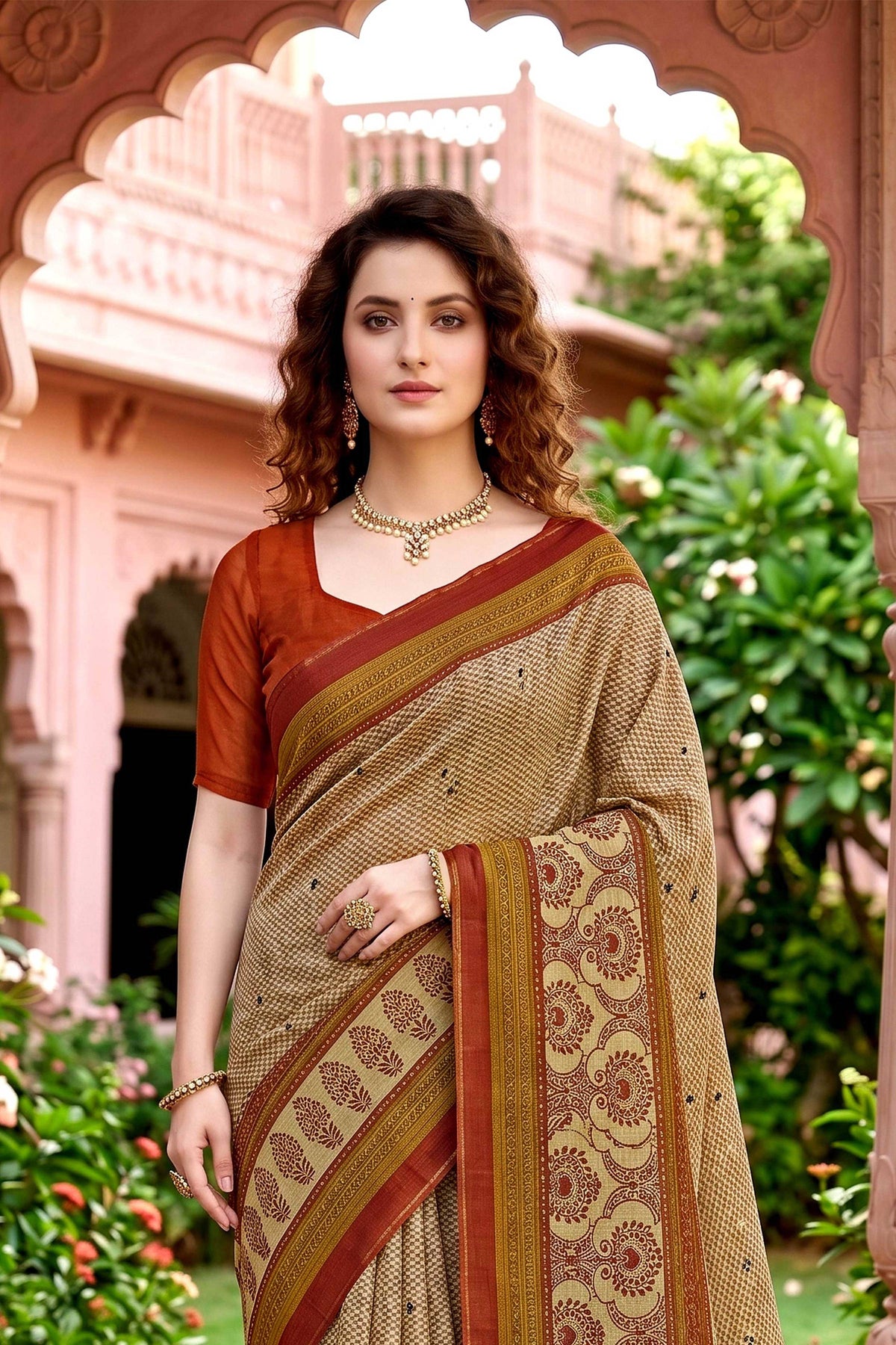 Sangam Prints Beige Cotton Print Woven Work Traditional Saree | Grocsy