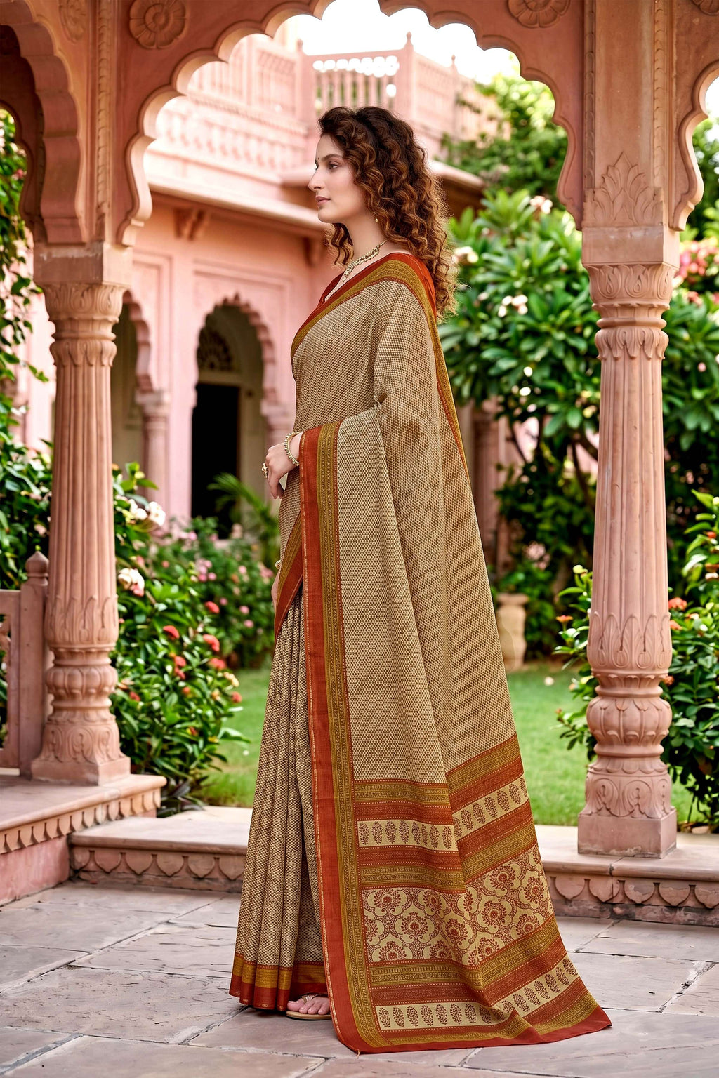 Sangam Prints Beige Cotton Print Woven Work Traditional Saree | Grocsy