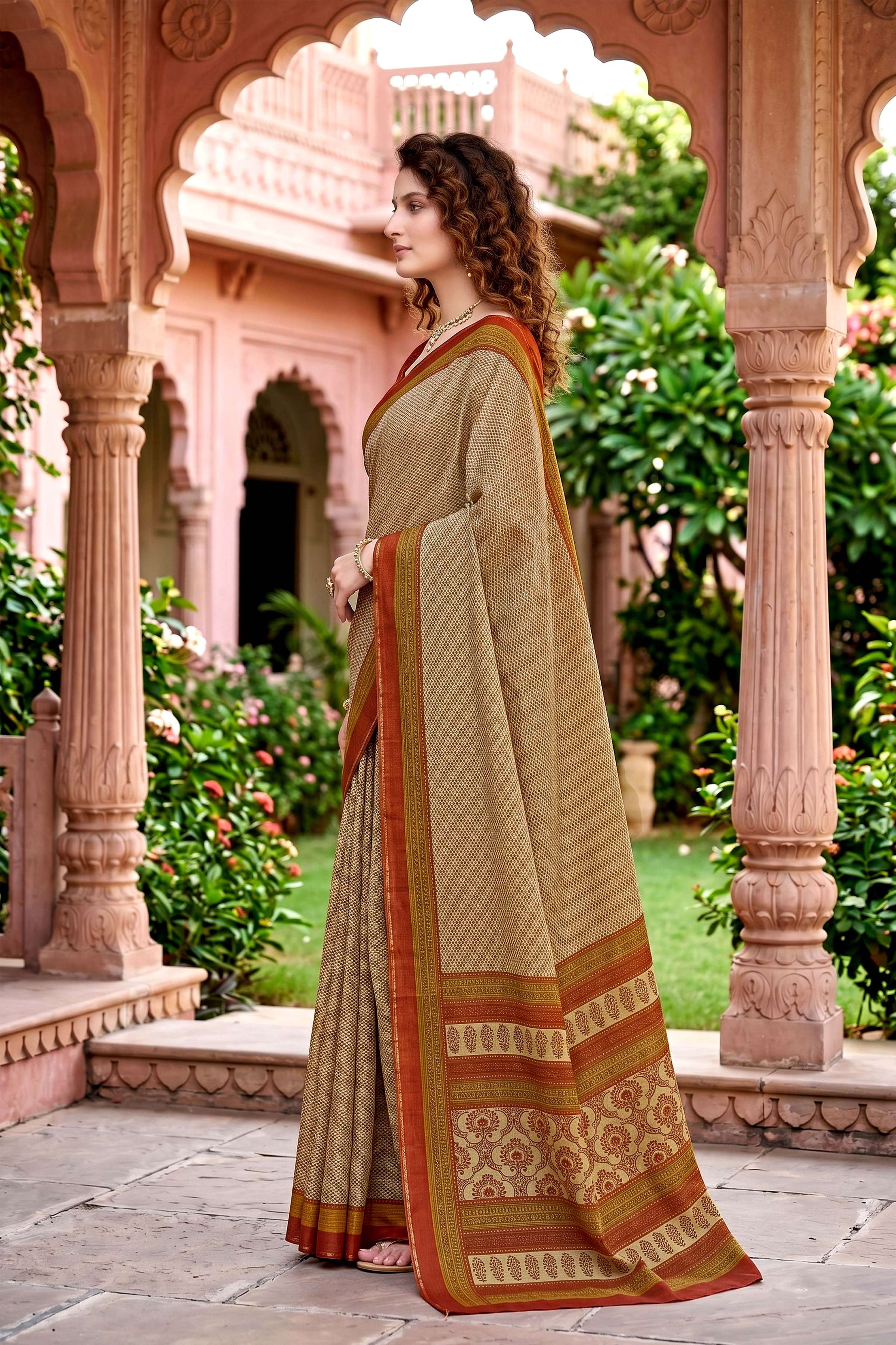 Sangam Prints Beige Cotton Print Woven Work Traditional Saree | Grocsy