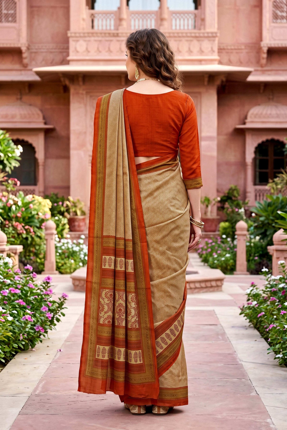 Sangam Prints Beige Cotton Print Woven Work Traditional Saree | Grocsy