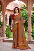 Sangam Prints Beige Cotton Print Woven Work Traditional Saree | Grocsy