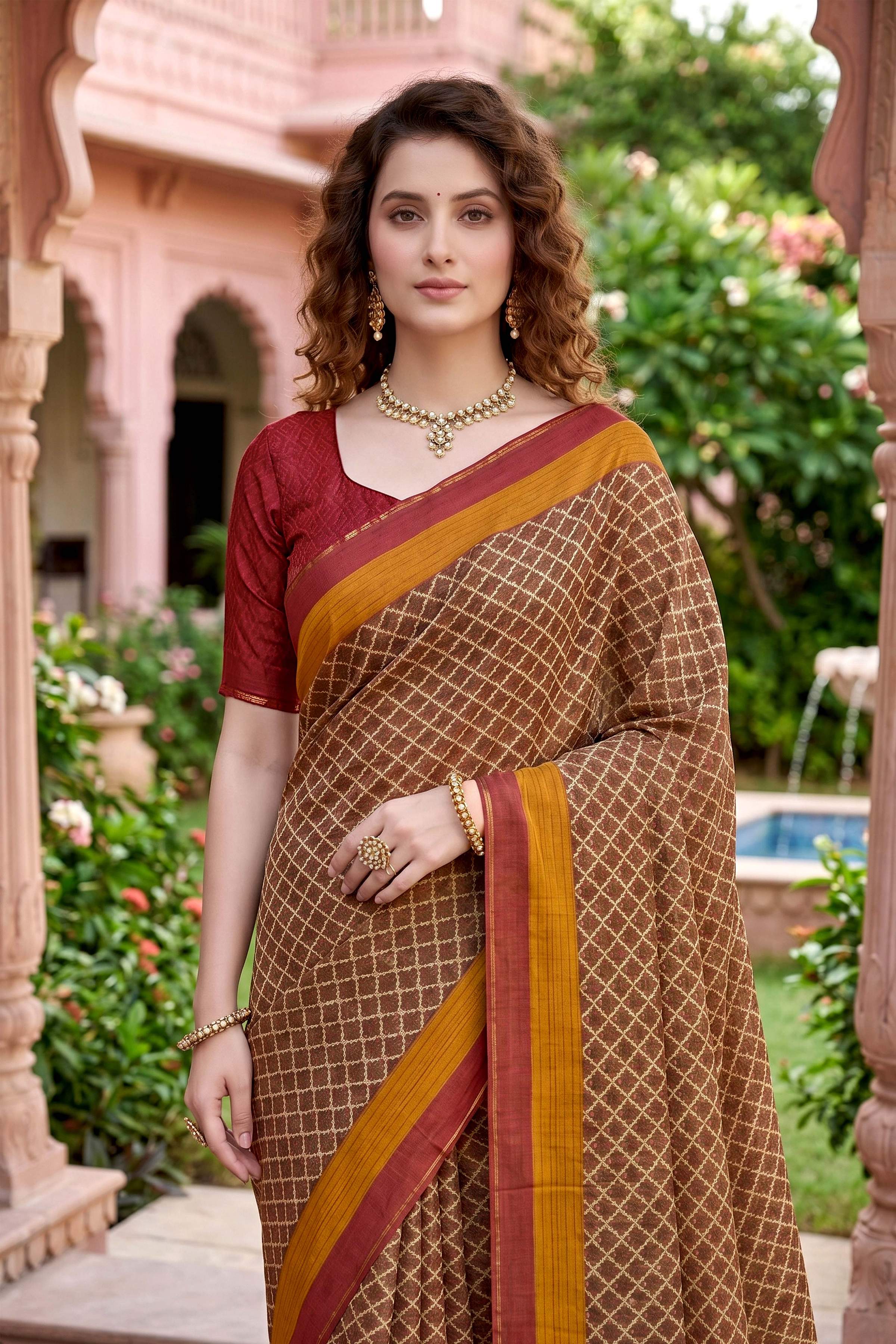 Sangam Prints Beige Cotton Print Woven Work Traditional Saree | Grocsy