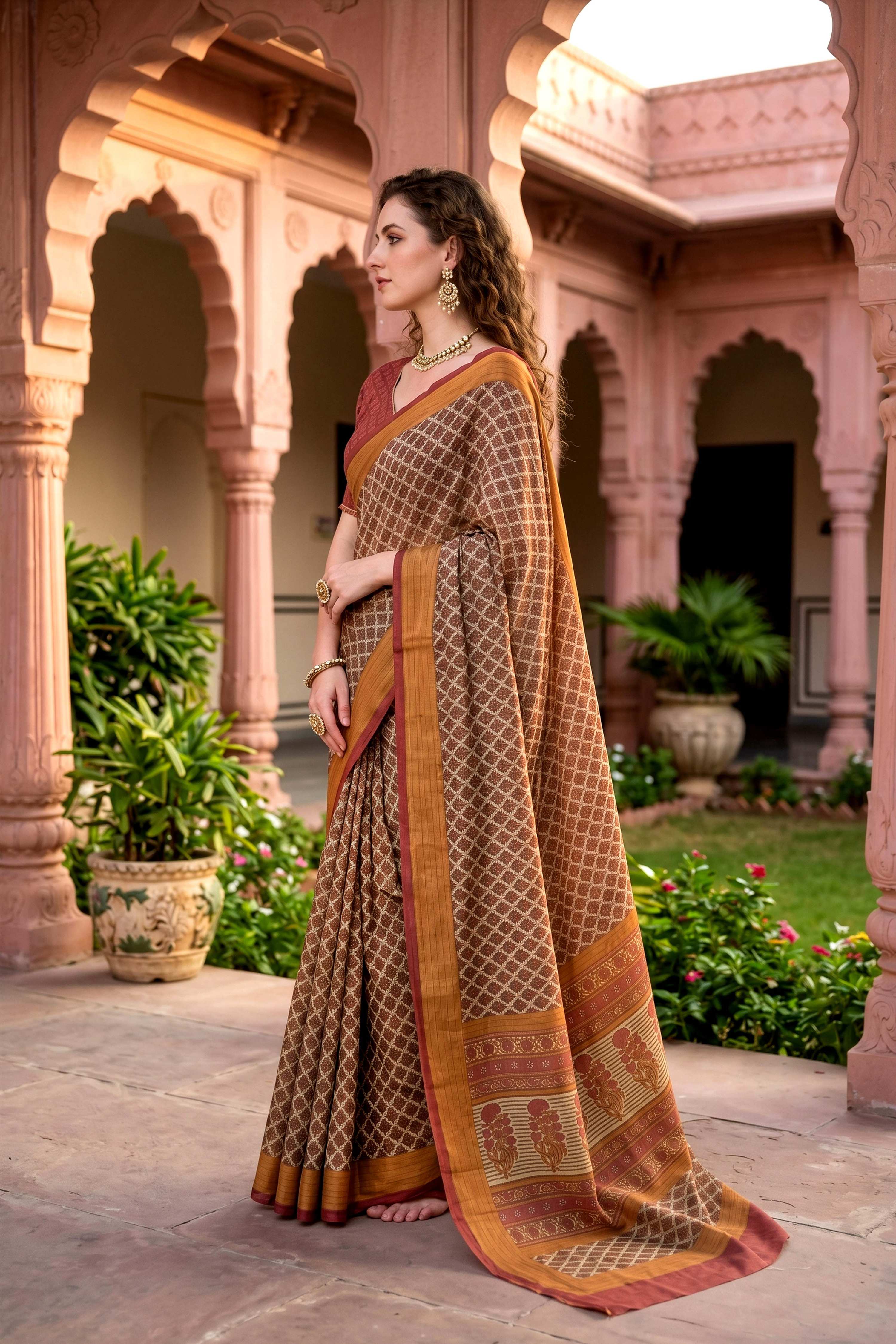Sangam Prints Beige Cotton Print Woven Work Traditional Saree | Grocsy