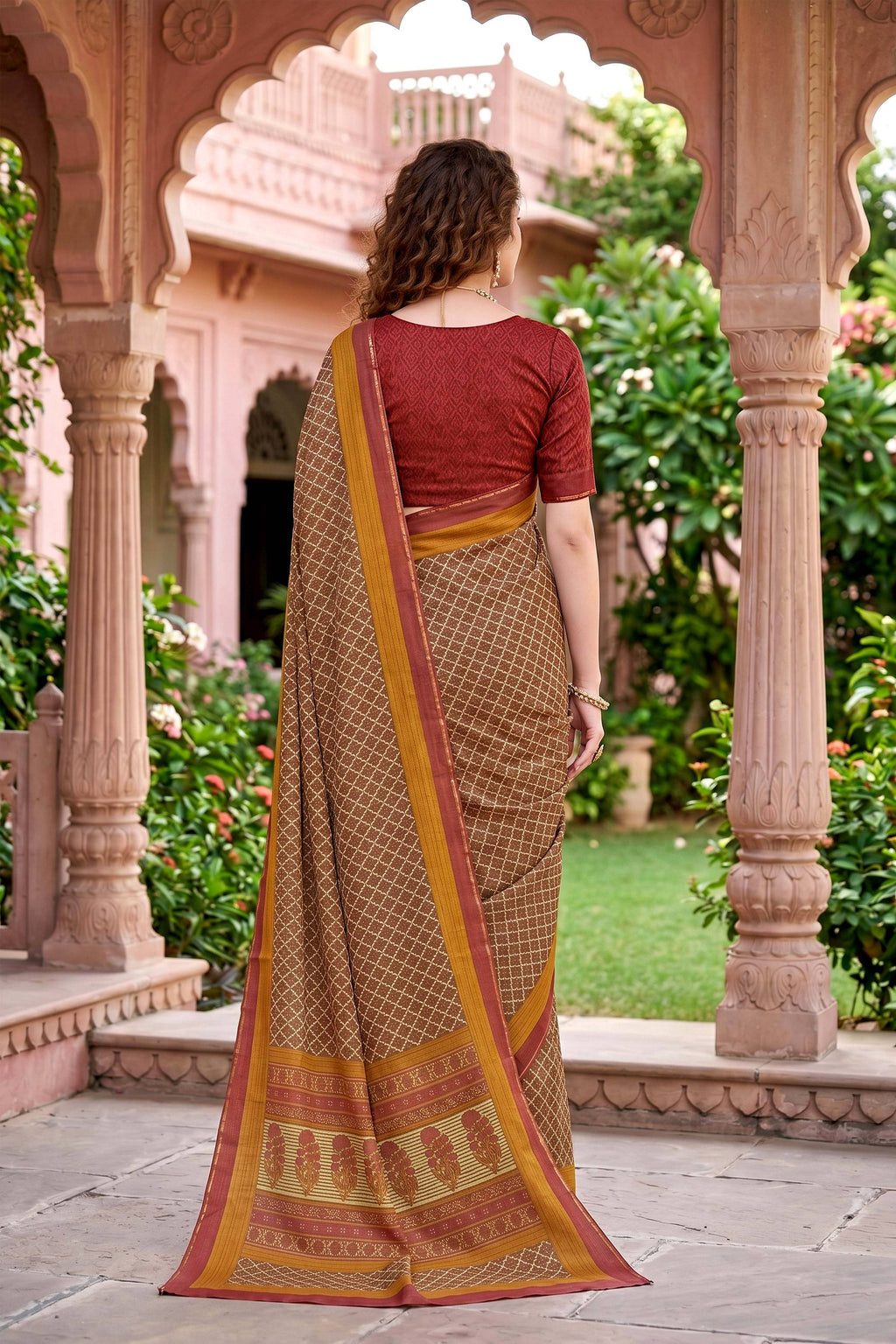 Sangam Prints Beige Cotton Print Woven Work Traditional Saree | Grocsy