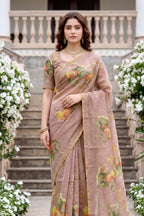 Sangam Prints Purple Cotton Print Woven Work Traditional Saree | Grocsy