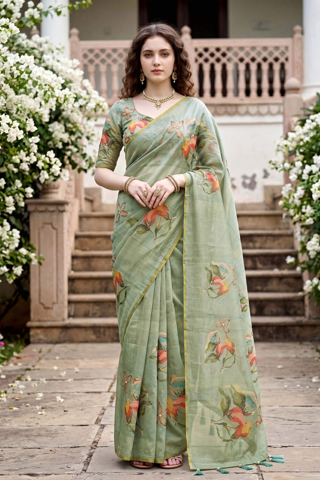 Sangam Prints Green Cotton Print Woven Work Traditional Saree | Grocsy