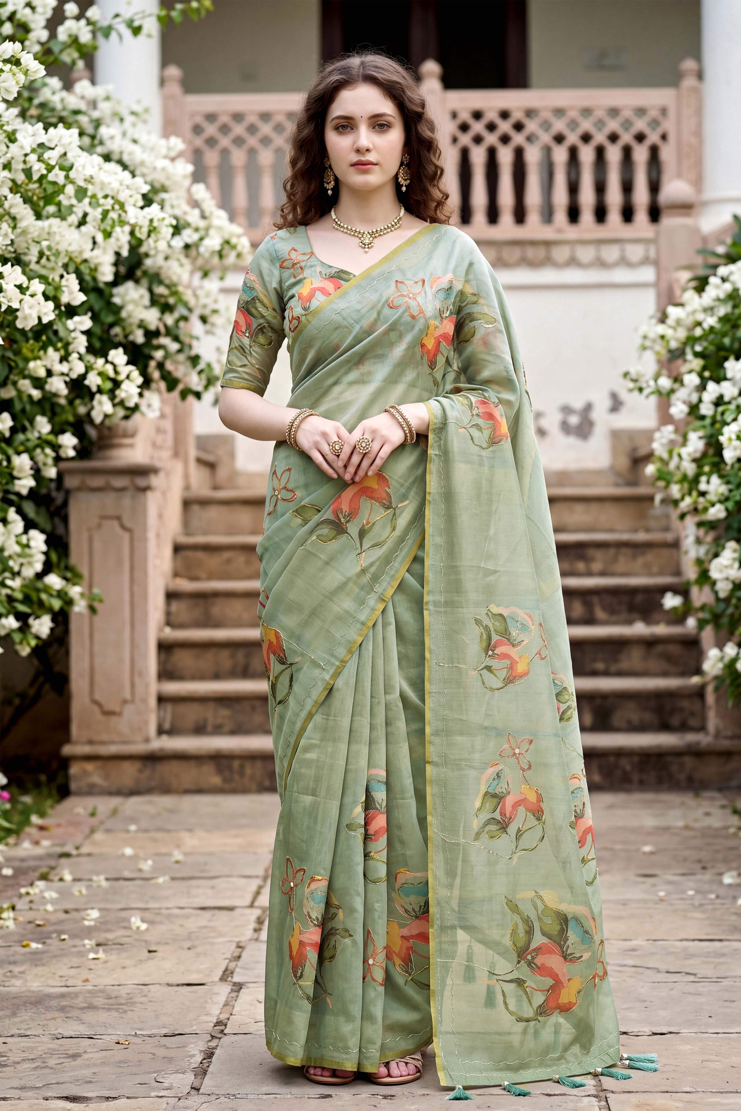 Sangam Prints Green Cotton Print Woven Work Traditional Saree | Grocsy