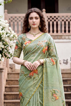 Sangam Prints Green Cotton Print Woven Work Traditional Saree | Grocsy