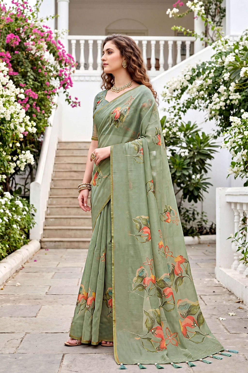 Sangam Prints Green Cotton Print Woven Work Traditional Saree | Grocsy