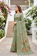Sangam Prints Green Cotton Print Woven Work Traditional Saree | Grocsy