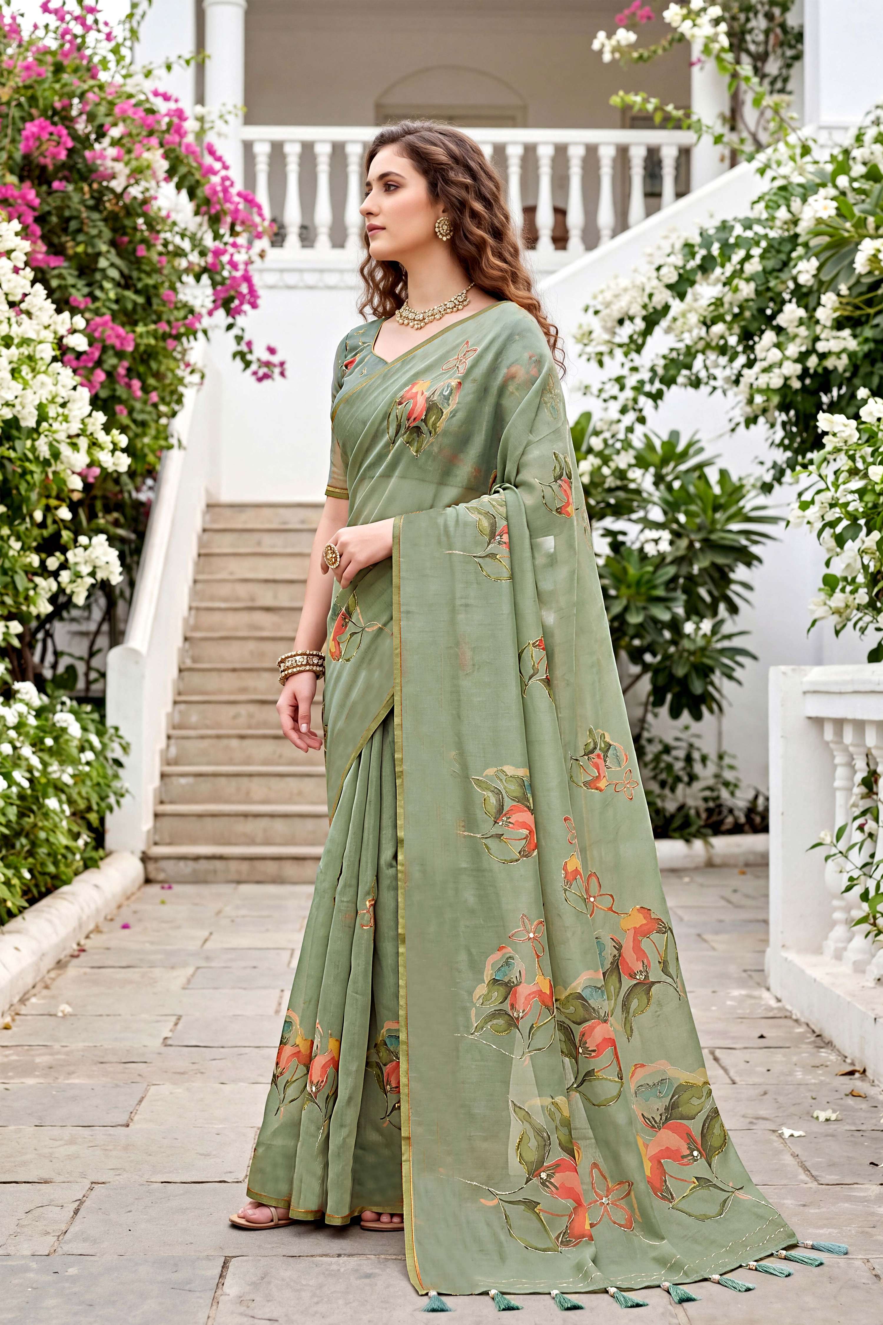 Sangam Prints Green Cotton Print Woven Work Traditional Saree | Grocsy