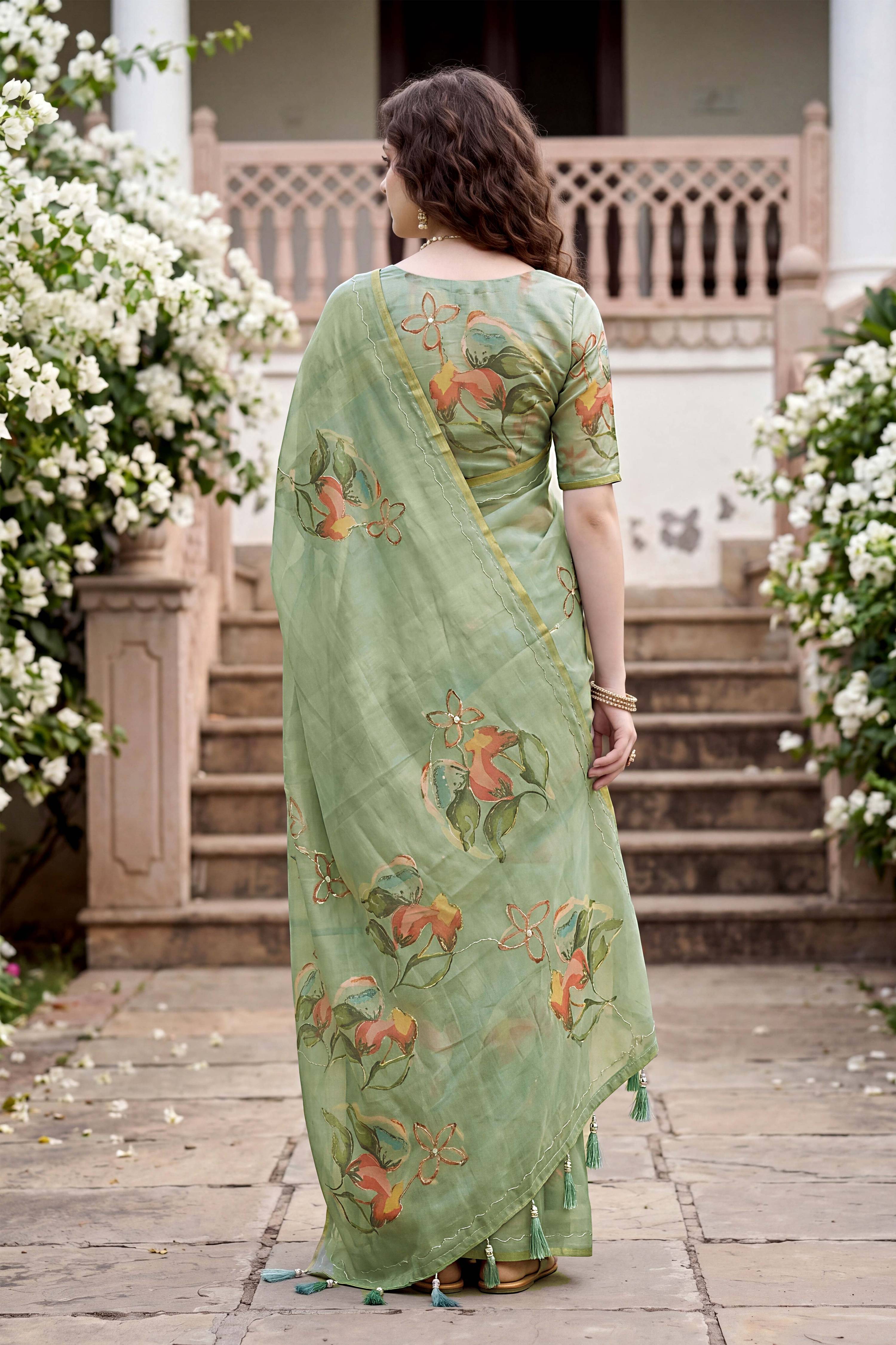 Sangam Prints Green Cotton Print Woven Work Traditional Saree | Grocsy