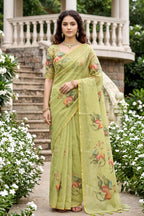 Sangam Prints Pista Green Cotton Print Woven Work Traditional Saree | Grocsy