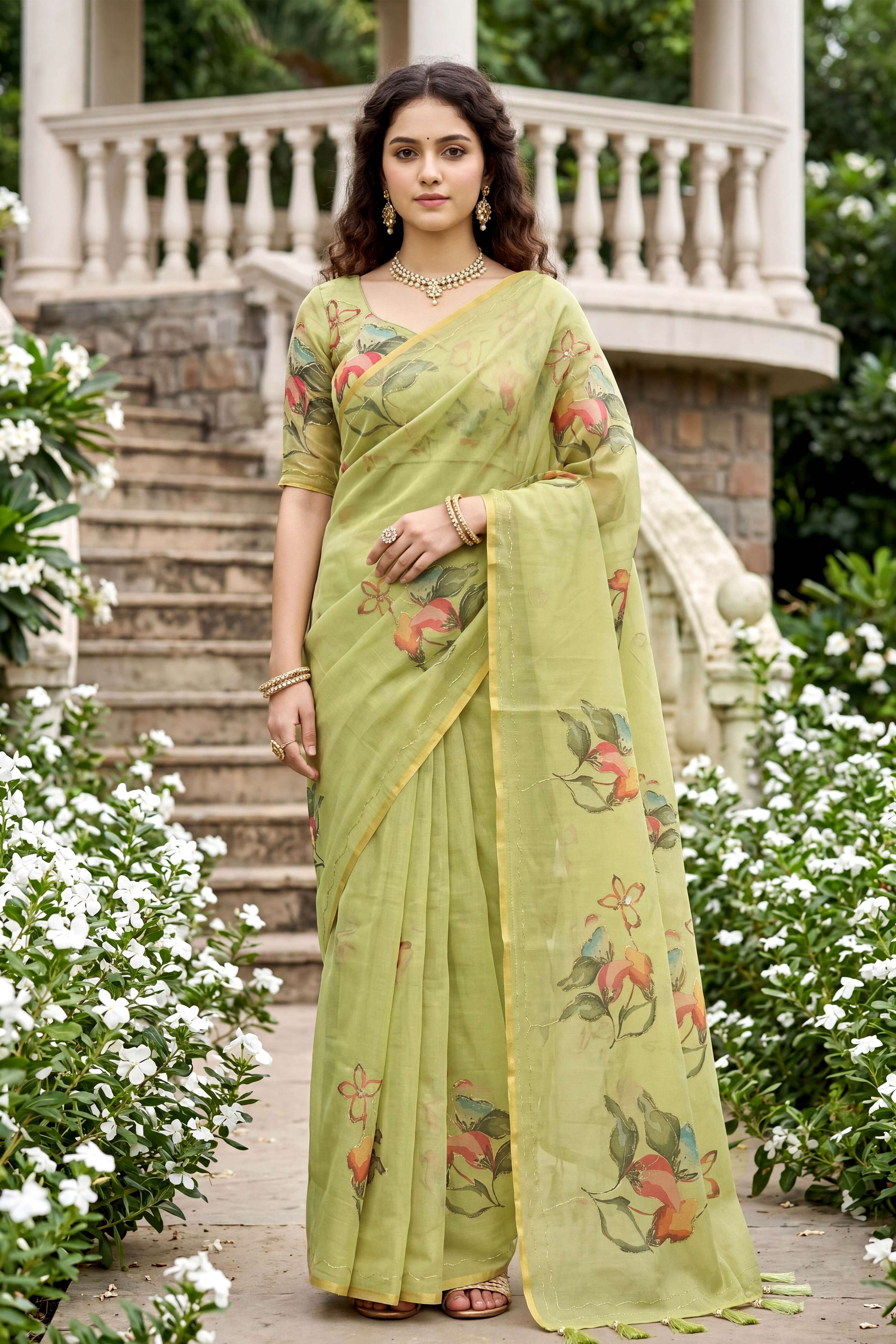 Sangam Prints Pista Green Cotton Print Woven Work Traditional Saree | Grocsy