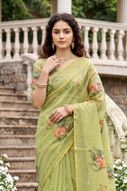 Sangam Prints Pista Green Cotton Print Woven Work Traditional Saree | Grocsy