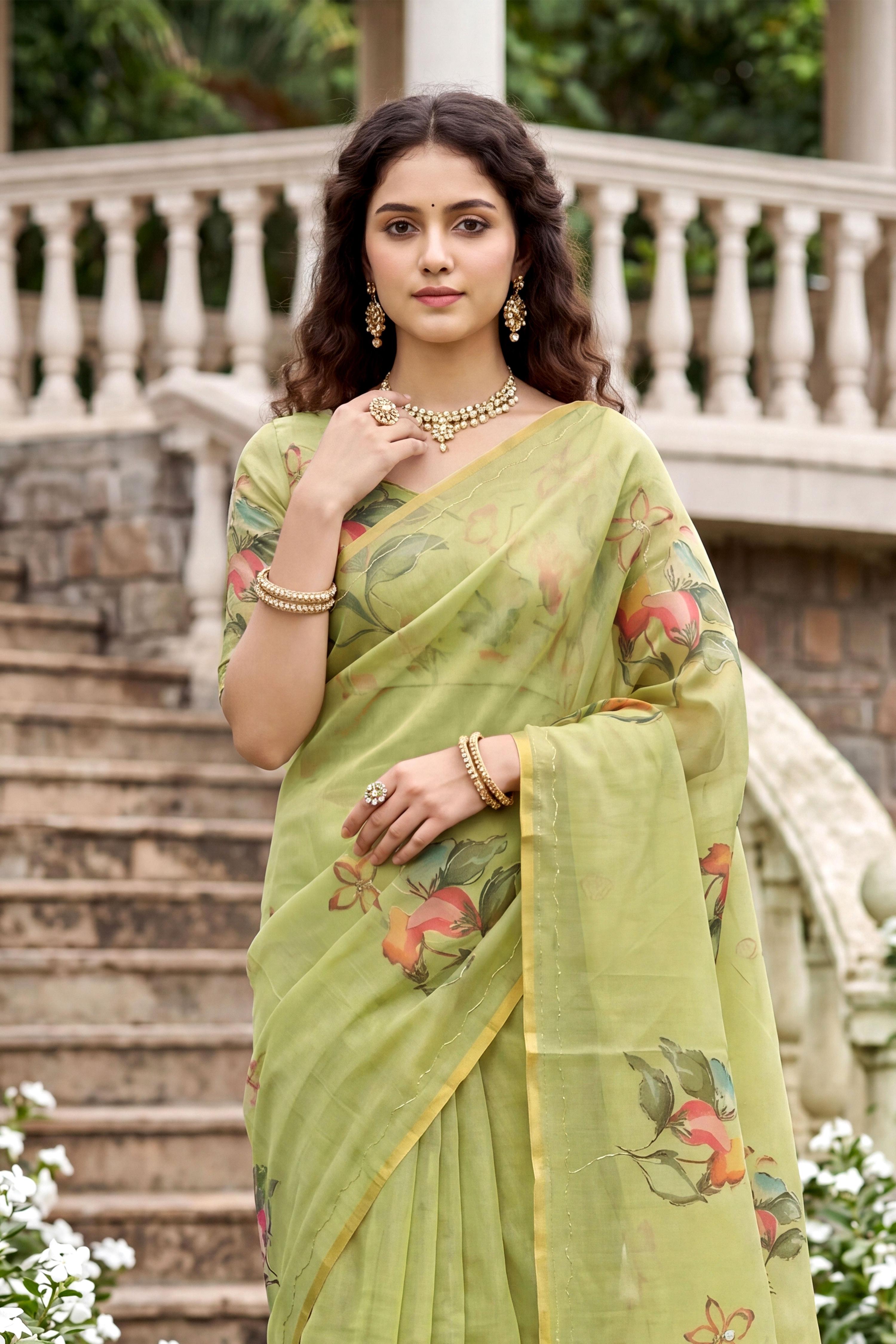 Sangam Prints Pista Green Cotton Print Woven Work Traditional Saree | Grocsy