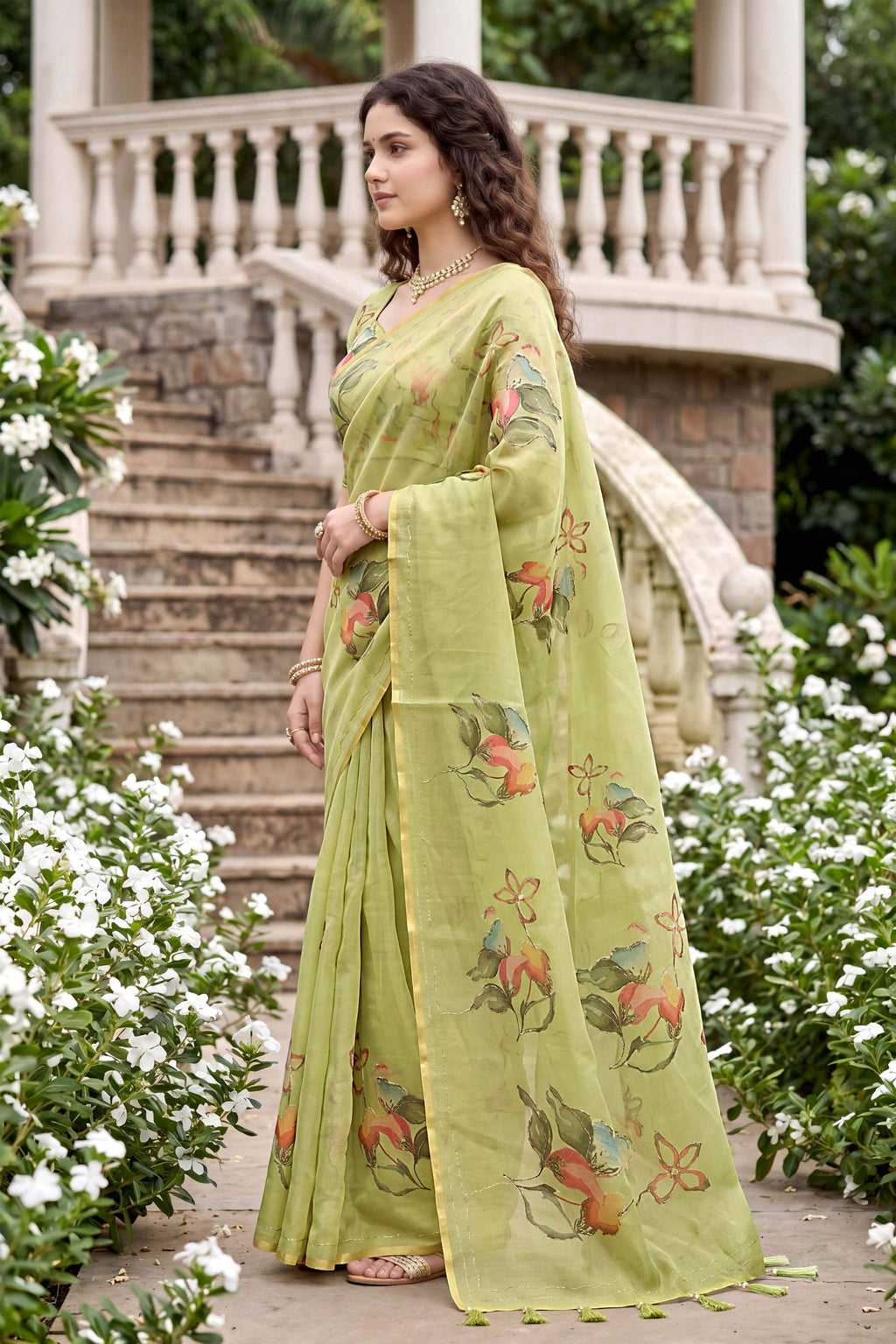 Sangam Prints Pista Green Cotton Print Woven Work Traditional Saree | Grocsy