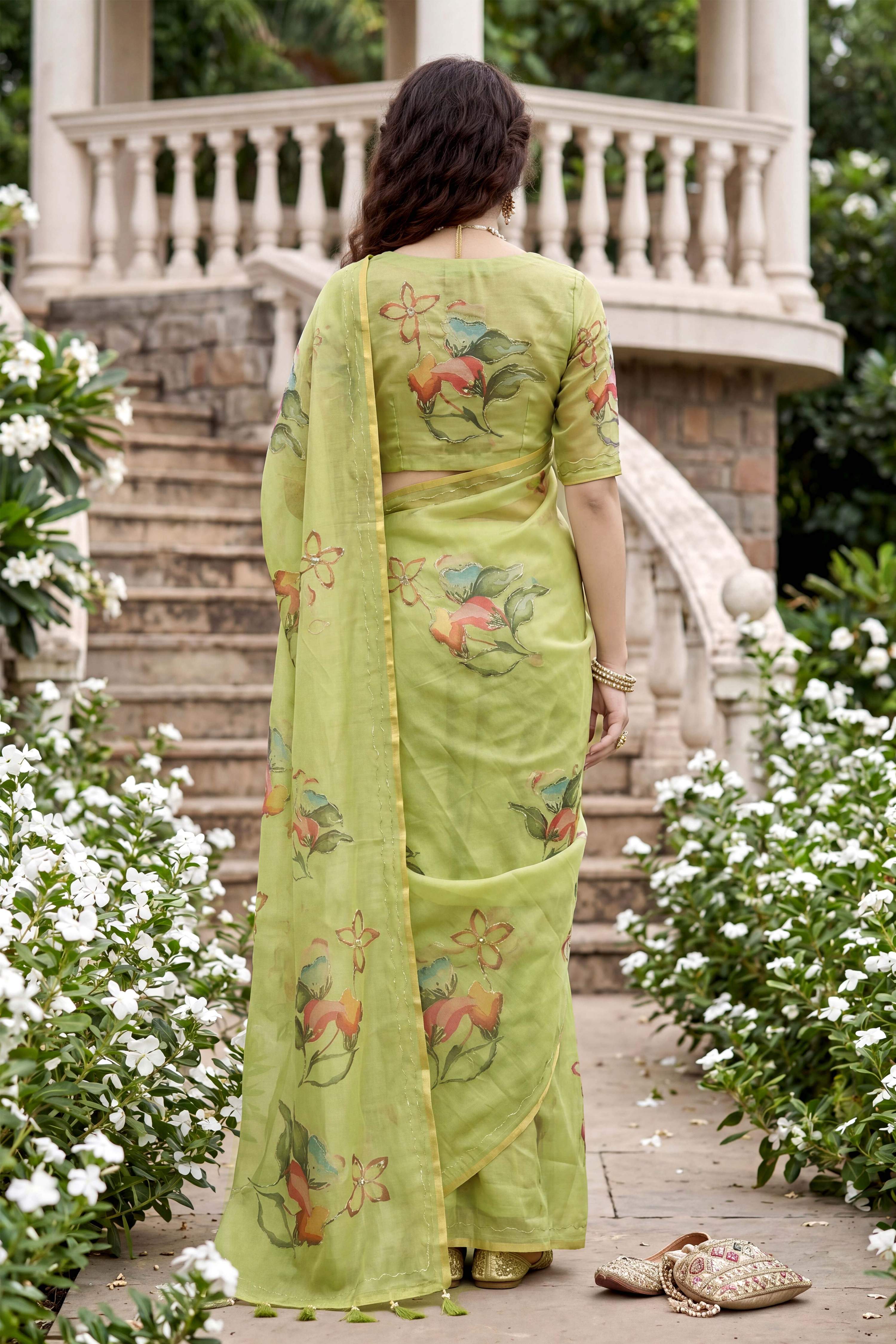 Sangam Prints Pista Green Cotton Print Woven Work Traditional Saree | Grocsy