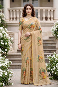 Sangam Prints Beige Cotton Print Woven Work Traditional Saree | Grocsy