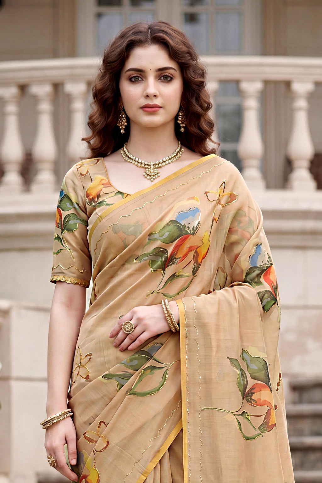 Sangam Prints Beige Cotton Print Woven Work Traditional Saree | Grocsy