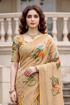Sangam Prints Beige Cotton Print Woven Work Traditional Saree | Grocsy