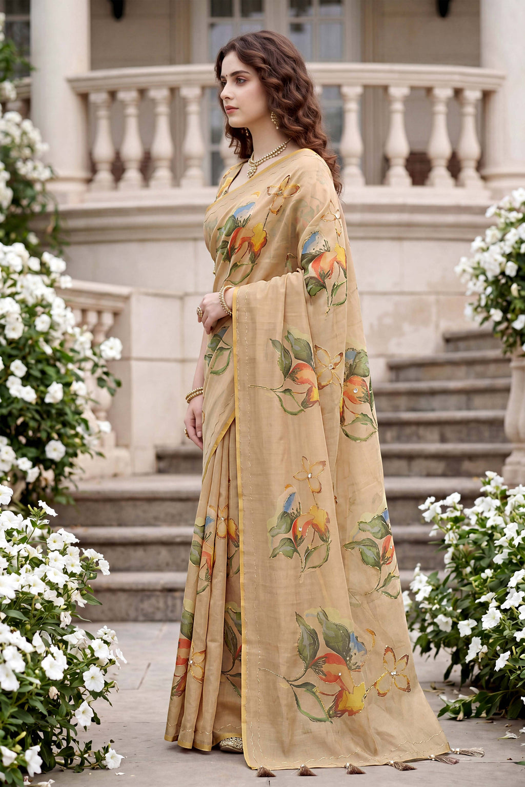Sangam Prints Beige Cotton Print Woven Work Traditional Saree | Grocsy