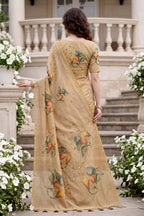 Sangam Prints Beige Cotton Print Woven Work Traditional Saree | Grocsy