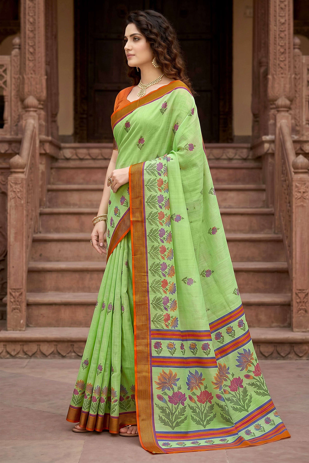 Sangam Prints Parrot Green Cotton Print Woven Work Traditional Saree | Grocsy