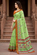 Sangam Prints Parrot Green Cotton Print Woven Work Traditional Saree | Grocsy