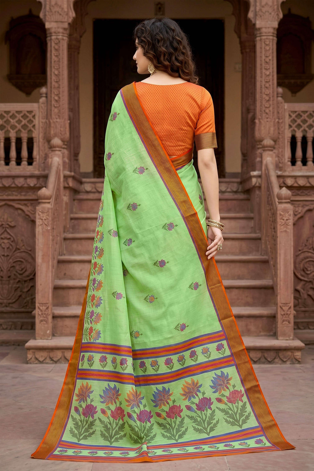 Sangam Prints Parrot Green Cotton Print Woven Work Traditional Saree | Grocsy