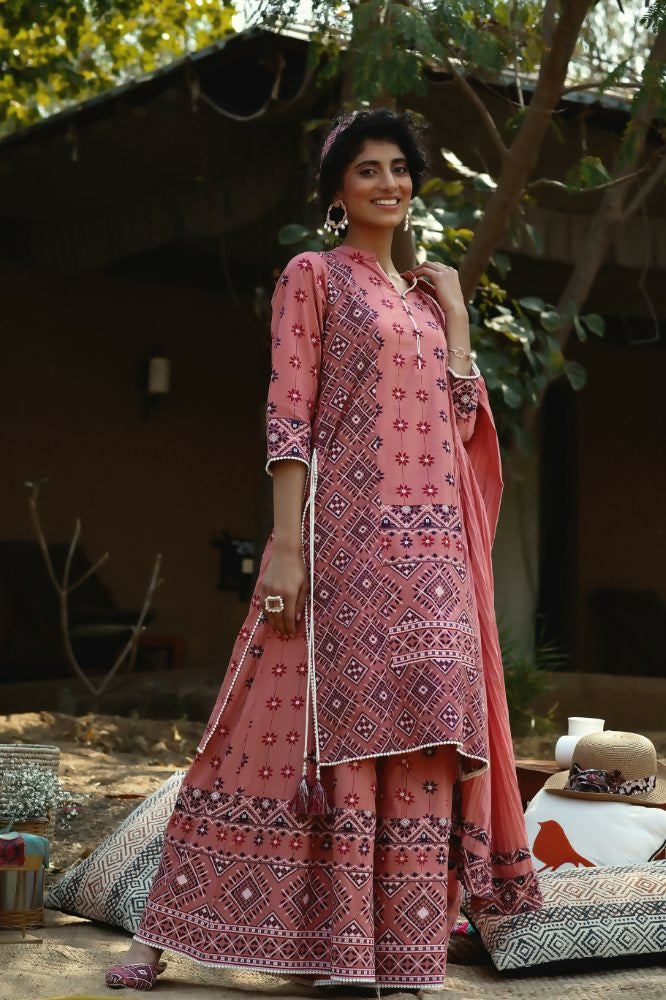 Juniper Peach Geometric Printed Pure Cotton Kurta & Palazzo Set with Lace Work | Grocsy