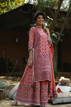 Juniper Peach Geometric Printed Pure Cotton Kurta & Palazzo Set with Lace Work | Grocsy