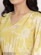 Ahalyaa Women Lime Green & Off White Floral Printed Flared Sleeves Floral Kaftan Kurta | Grocsy