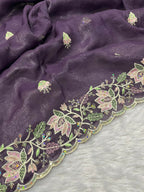 Vastranavya Gold Crunchy Multi Colour Threads Embroidery Work with Sequins Work Saree with Blouse material - Purple | Grocsy