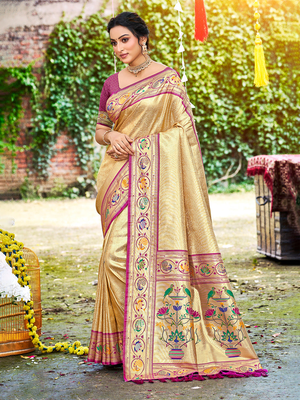 Sangam Prints Beige Silk Woven Work Traditional Saree | Grocsy