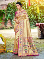 Sangam Prints Beige Silk Woven Work Traditional Saree | Grocsy