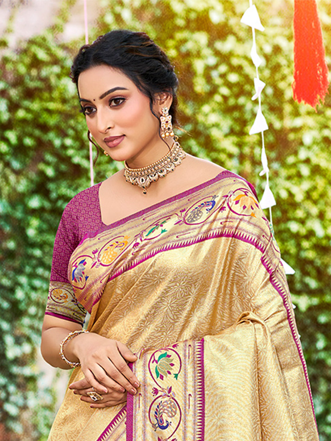 Sangam Prints Beige Silk Woven Work Traditional Saree | Grocsy