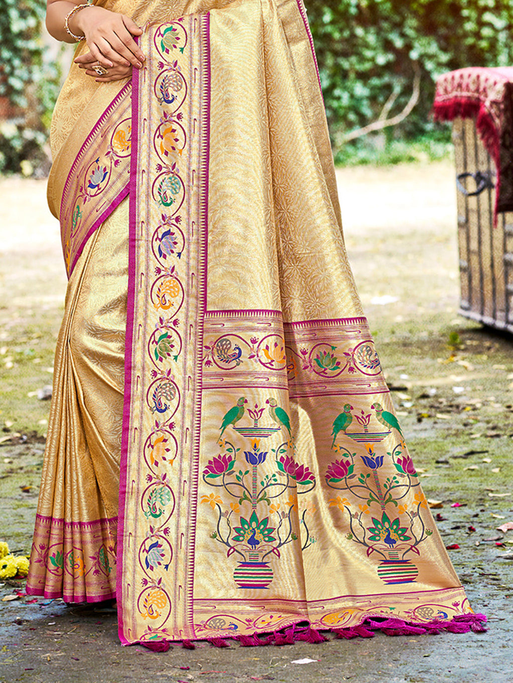 Sangam Prints Beige Silk Woven Work Traditional Saree | Grocsy