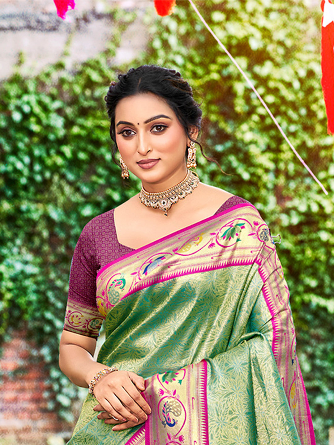 Sangam Prints Dark Green Silk Woven Work Traditional Saree | Grocsy