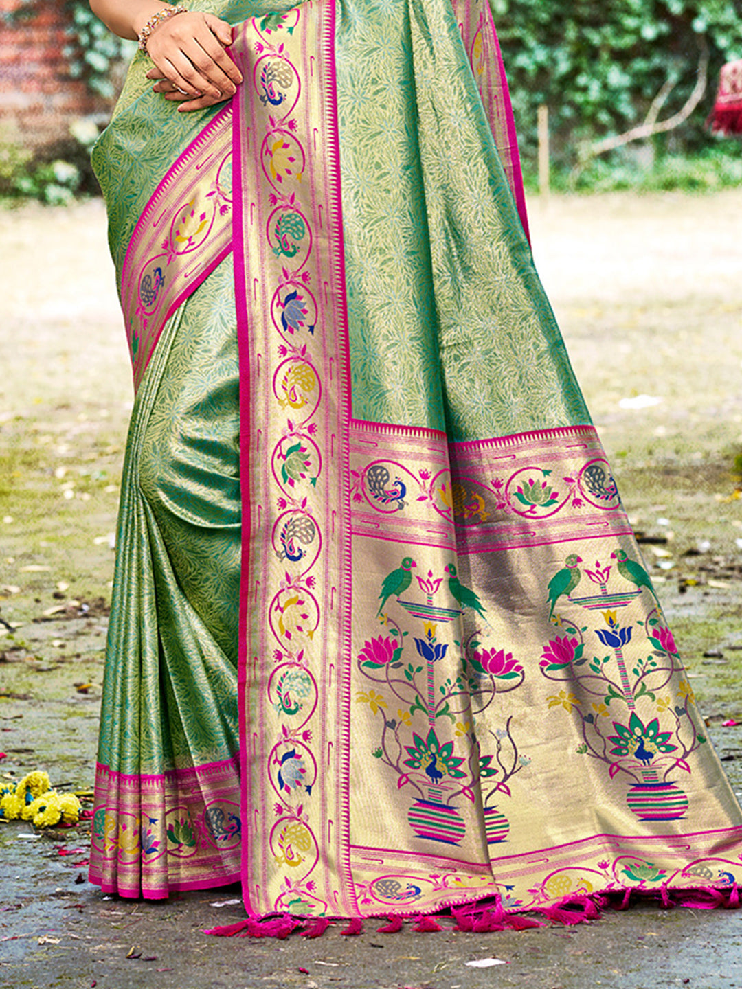 Sangam Prints Dark Green Silk Woven Work Traditional Saree | Grocsy