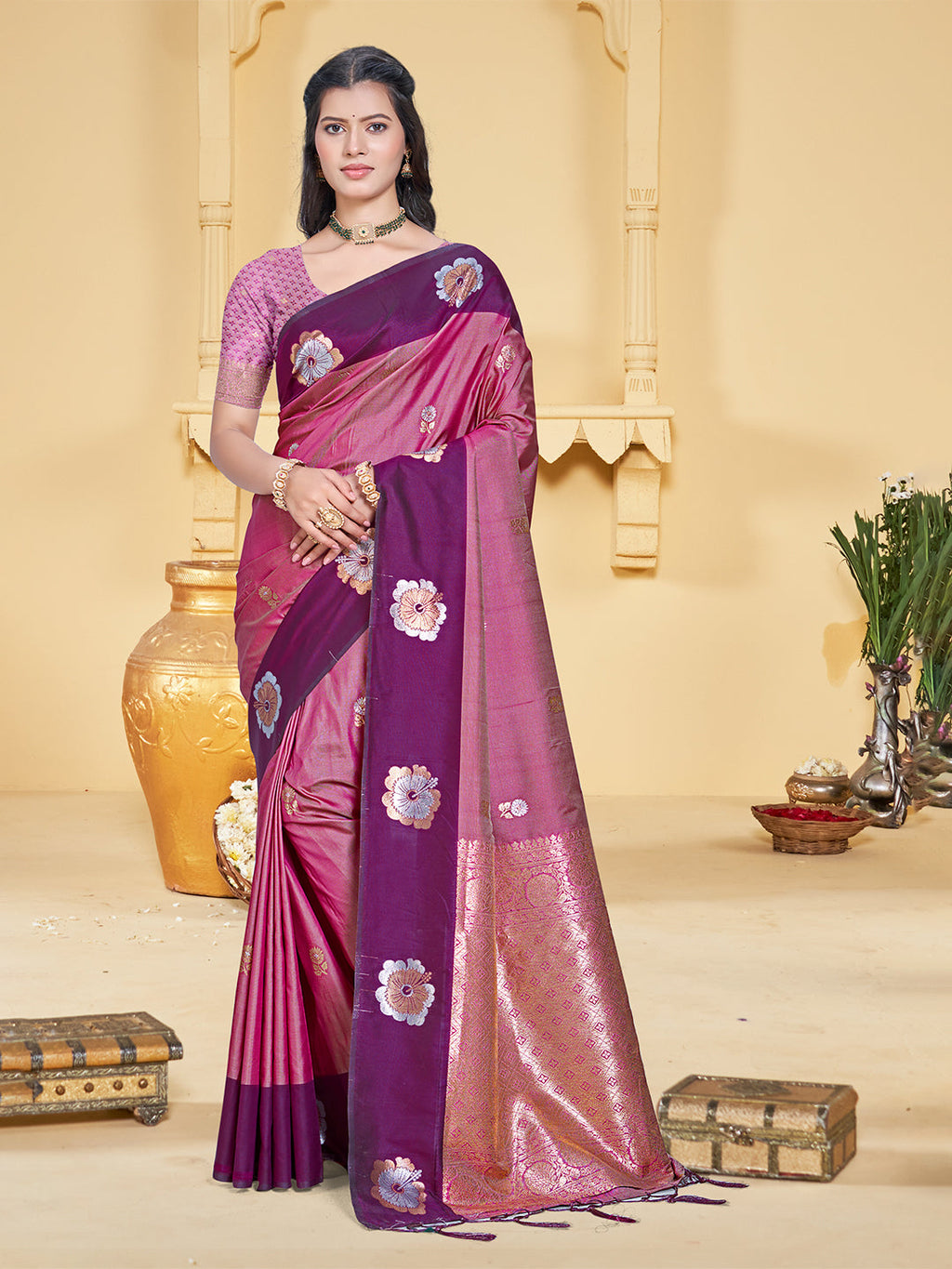 Sangam Prints Magenta Silk Woven Work Traditional Saree | Grocsy
