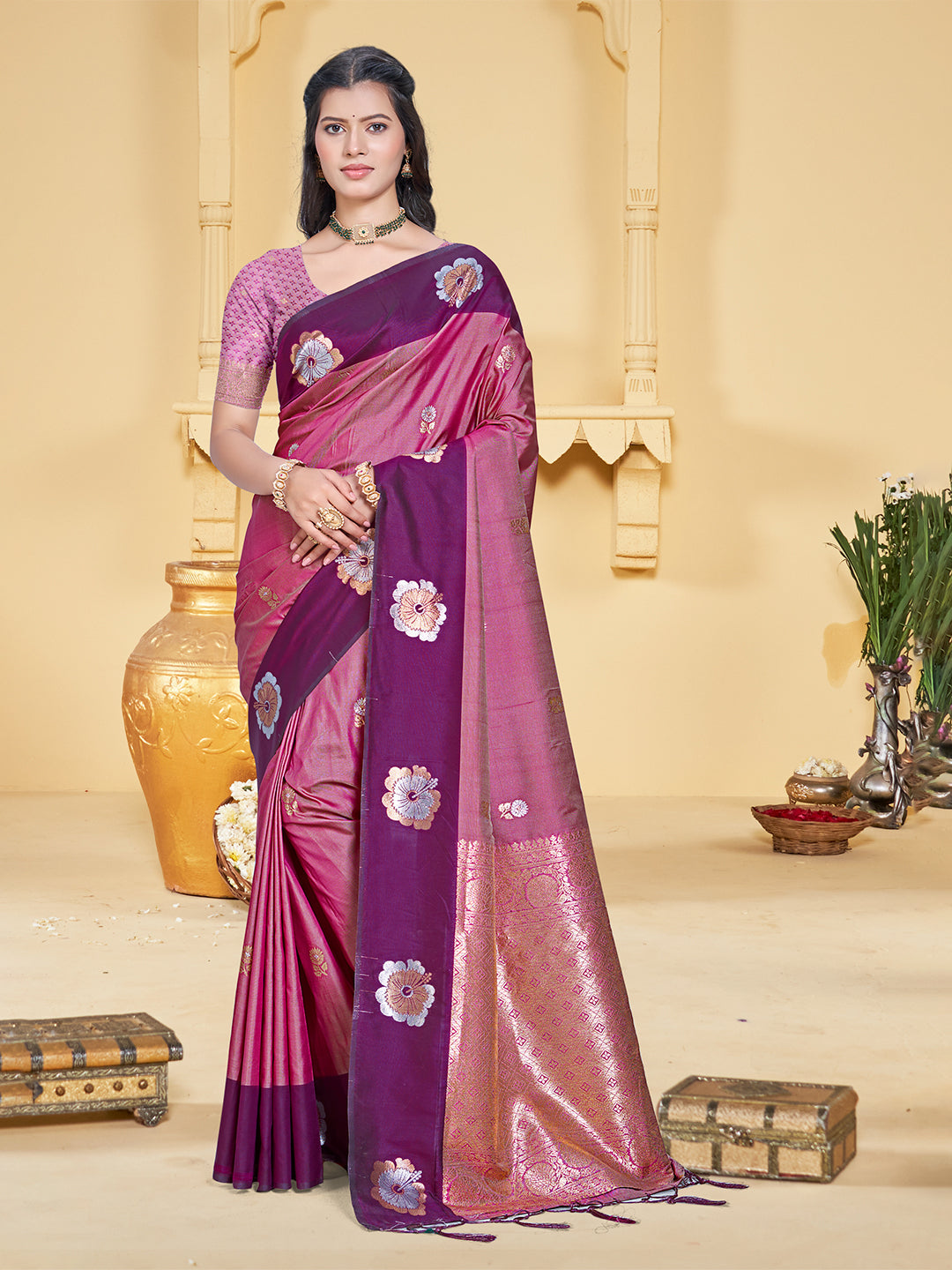 Sangam Prints Magenta Silk Woven Work Traditional Saree | Grocsy