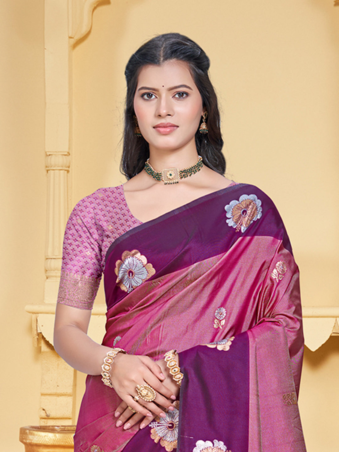 Sangam Prints Magenta Silk Woven Work Traditional Saree | Grocsy