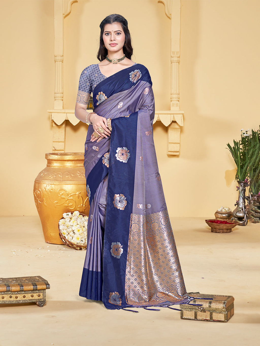 Sangam Prints Purple Silk Woven Work Traditional Saree | Grocsy