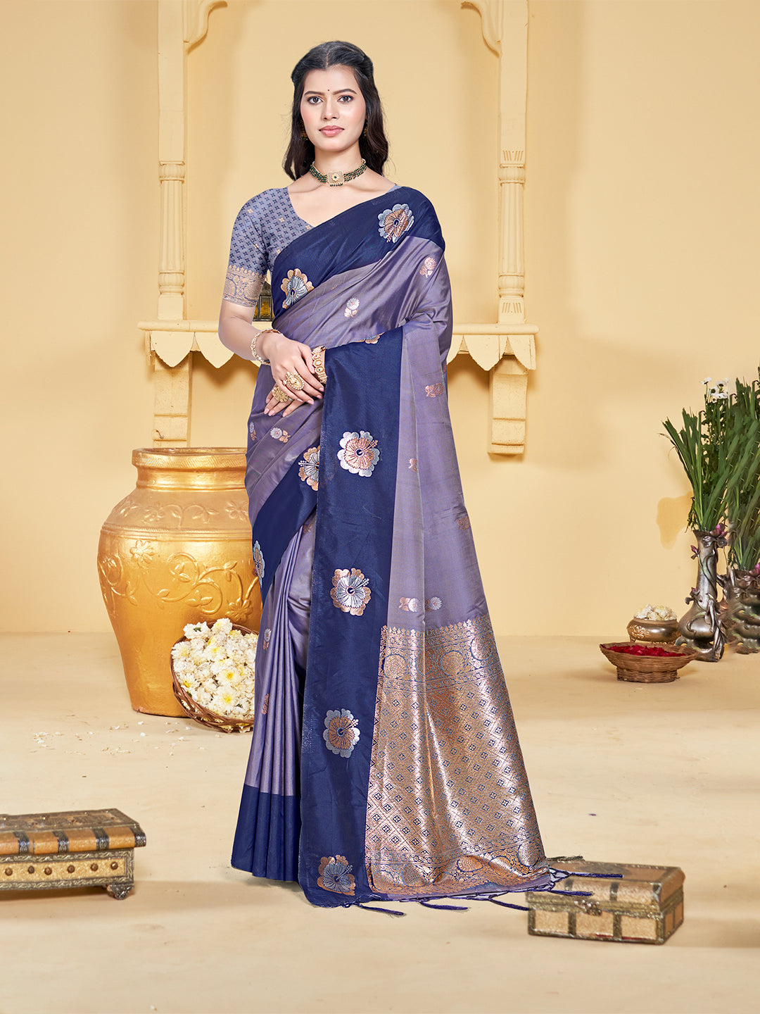 Sangam Prints Purple Silk Woven Work Traditional Saree | Grocsy