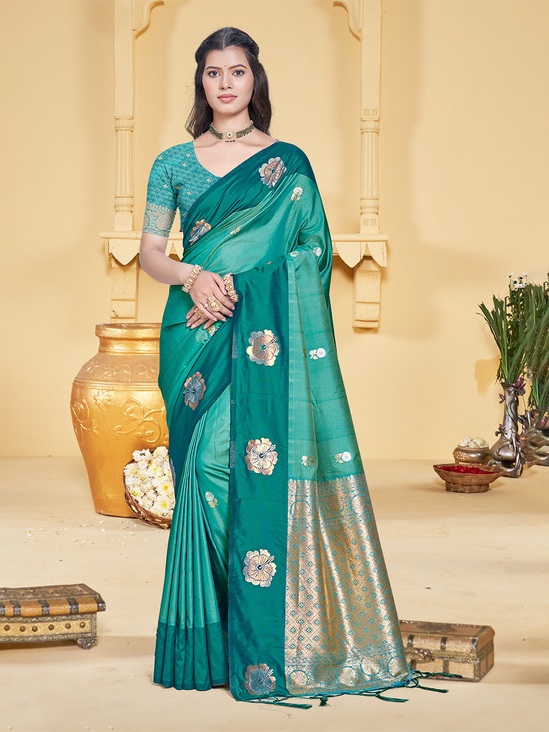 Sangam Prints Teal Blue Silk Woven Work Traditional Saree | Grocsy