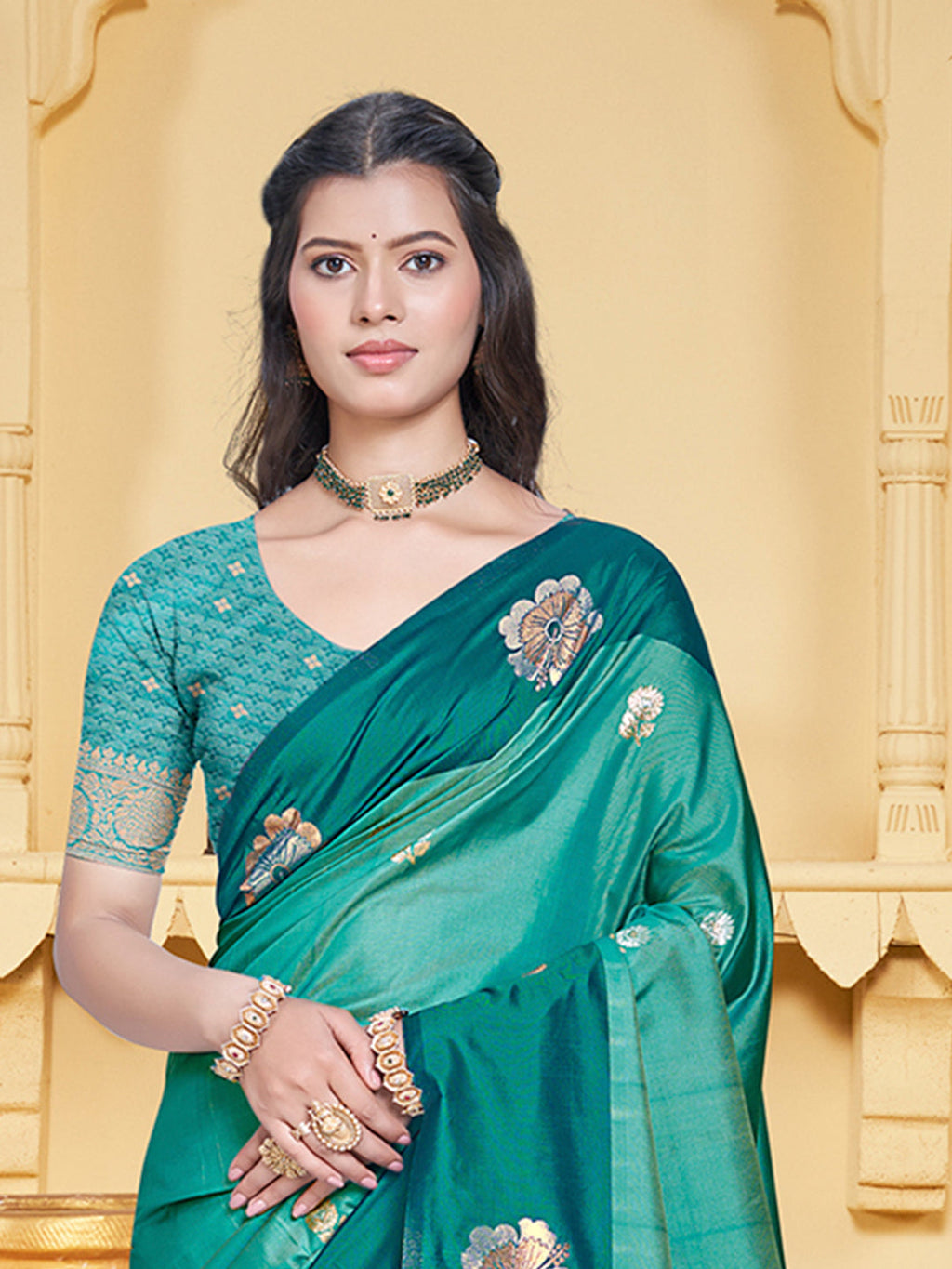 Sangam Prints Teal Blue Silk Woven Work Traditional Saree | Grocsy