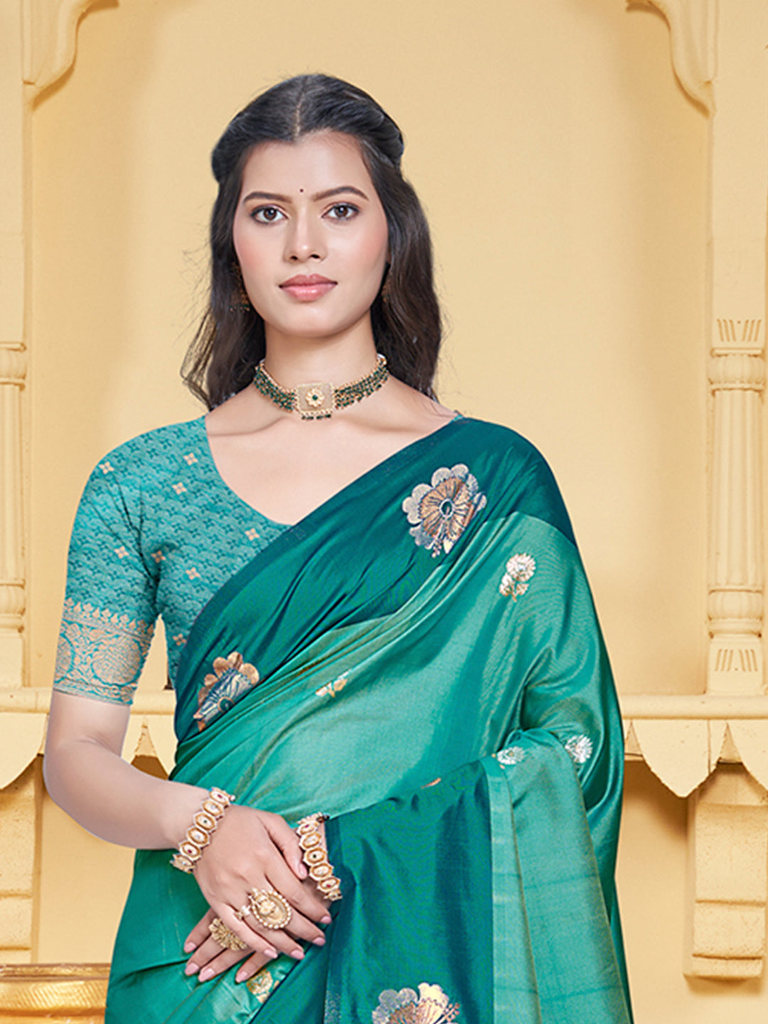 Sangam Prints Teal Blue Silk Woven Work Traditional Saree | Grocsy