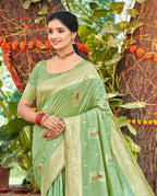 Sangam Prints Sea Green Heavy Assam Silk Saree With Meena Woven Work Traditional Saree | Grocsy